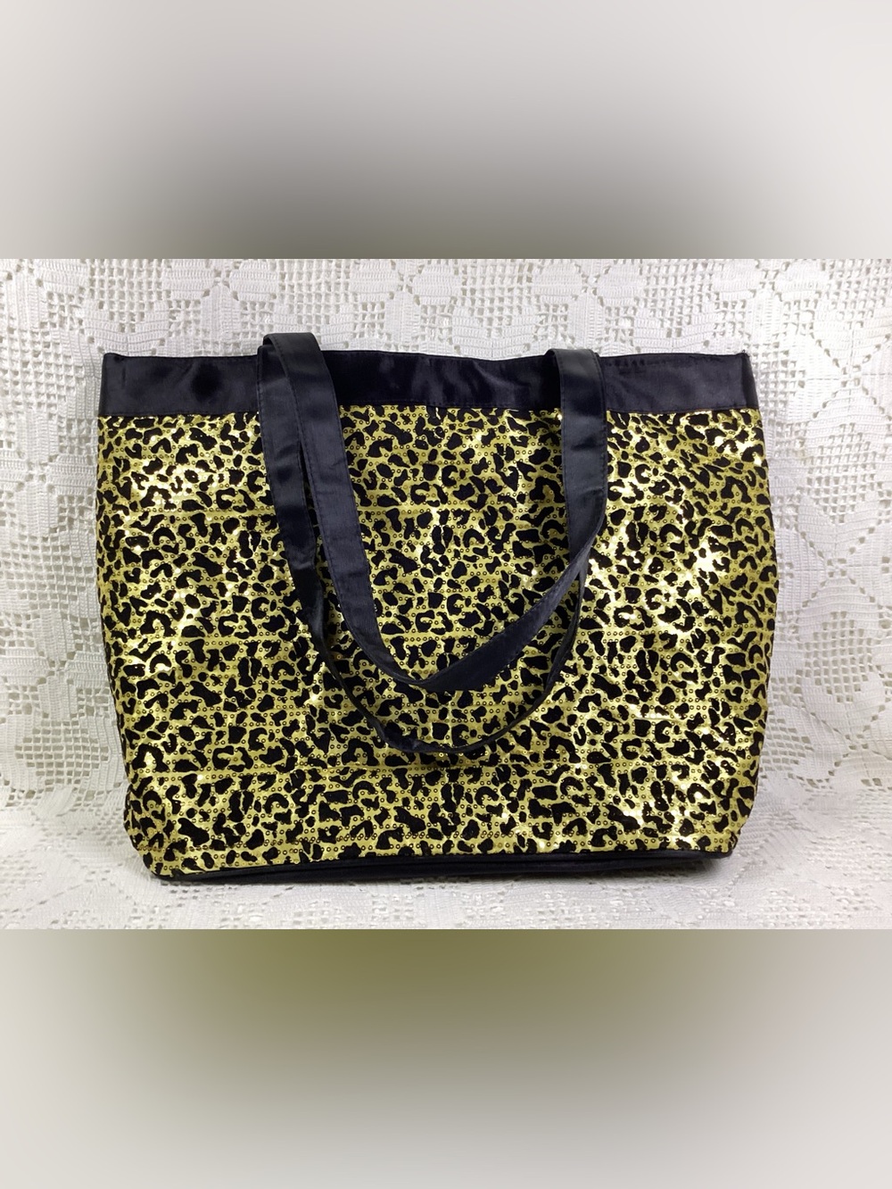 Gold Leopard Print Tote Bag with Black Trim